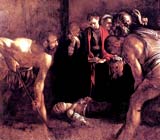 A young woman lies dead on the ground with mourning clergymen around her. In the foreground, two men are stripped to the waist digging a grave