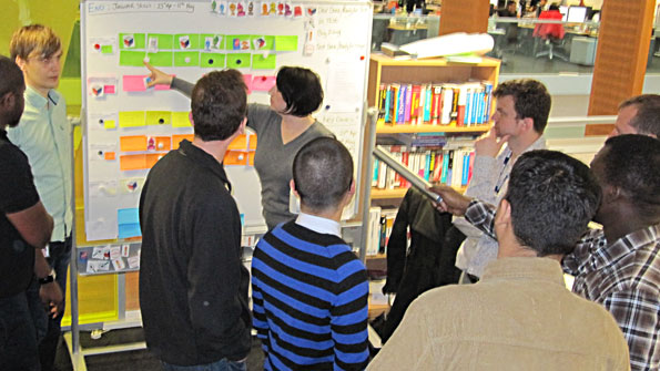 Nine people clustered around a whiteboard of sticky ntoes
