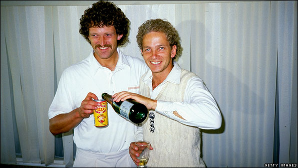 Richard Ellison celebrates with David Gower