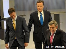 The three party leaders after the first TV debate