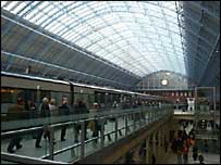London's St Pancras International station: the elevated train deck (left) and the undercroft (right)